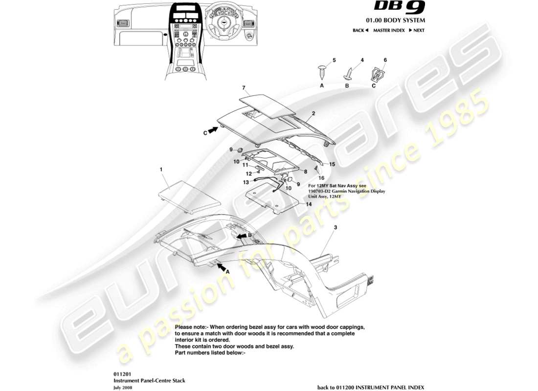 aston martin db9 (2007) diagramma delle parti dello stack centrale del pannello strumenti