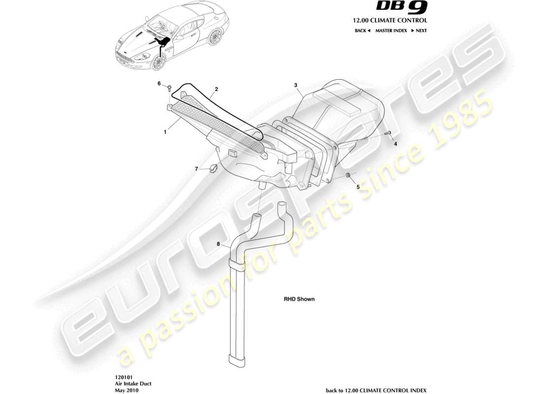 aston martin db9 (2007) diagramma delle parti dei condotti di aspirazione dell'aria