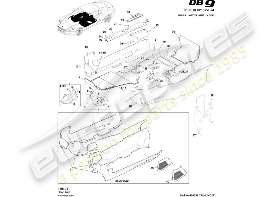aston martin db9 (2004) rivestimento del pavimento diagramma delle parti