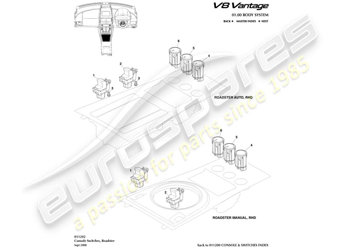 aston martin v8 vantage (2012) interruttori console, diagramma delle parti roadster