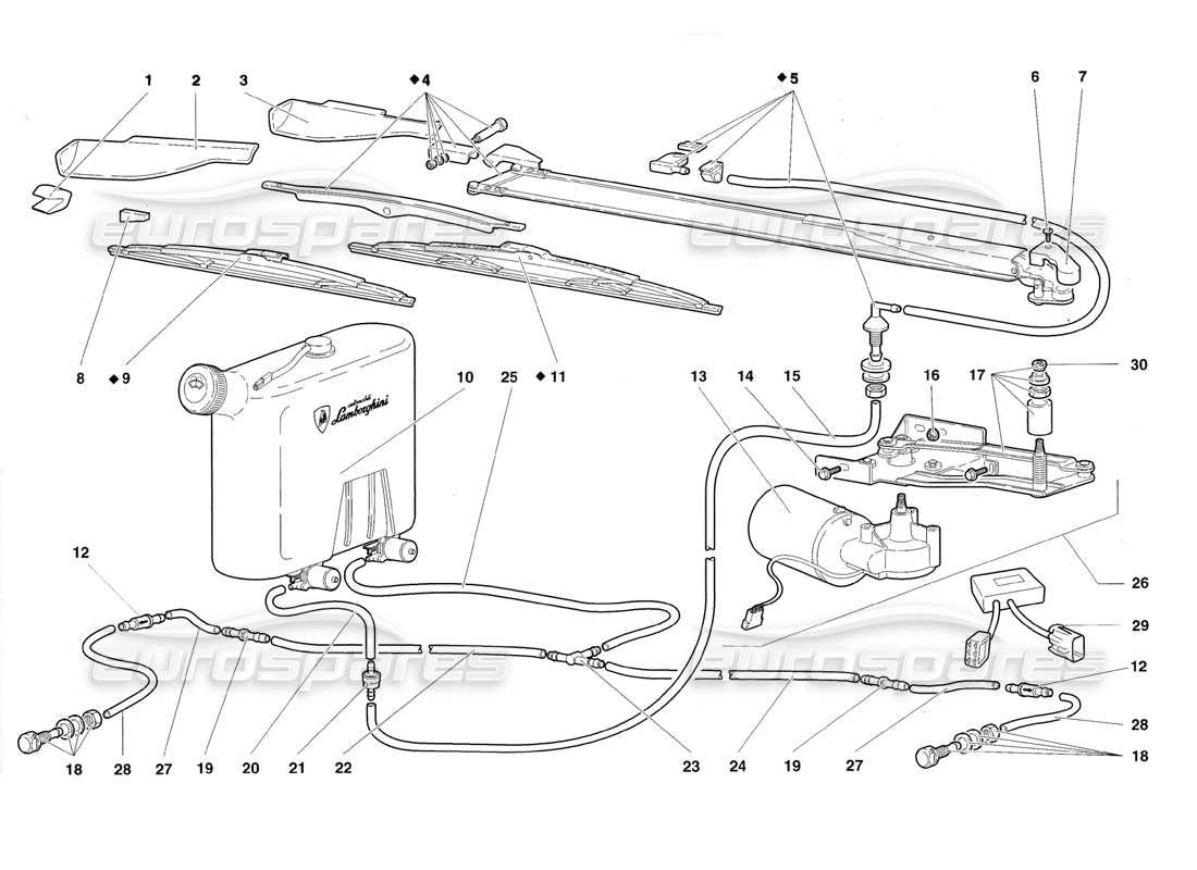 lamborghini diablo roadster (1998) schema delle parti dei tergicristalli e dei lavafari