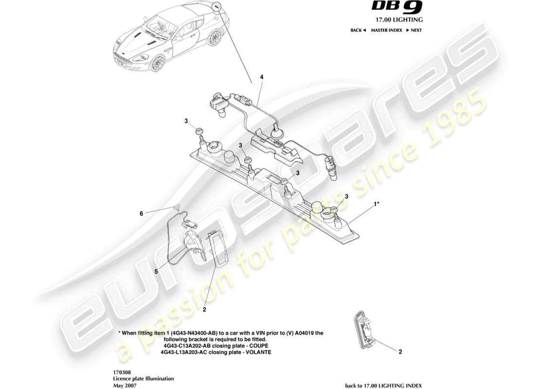 aston martin db9 (2005) diagramma delle parti delle luci della targa