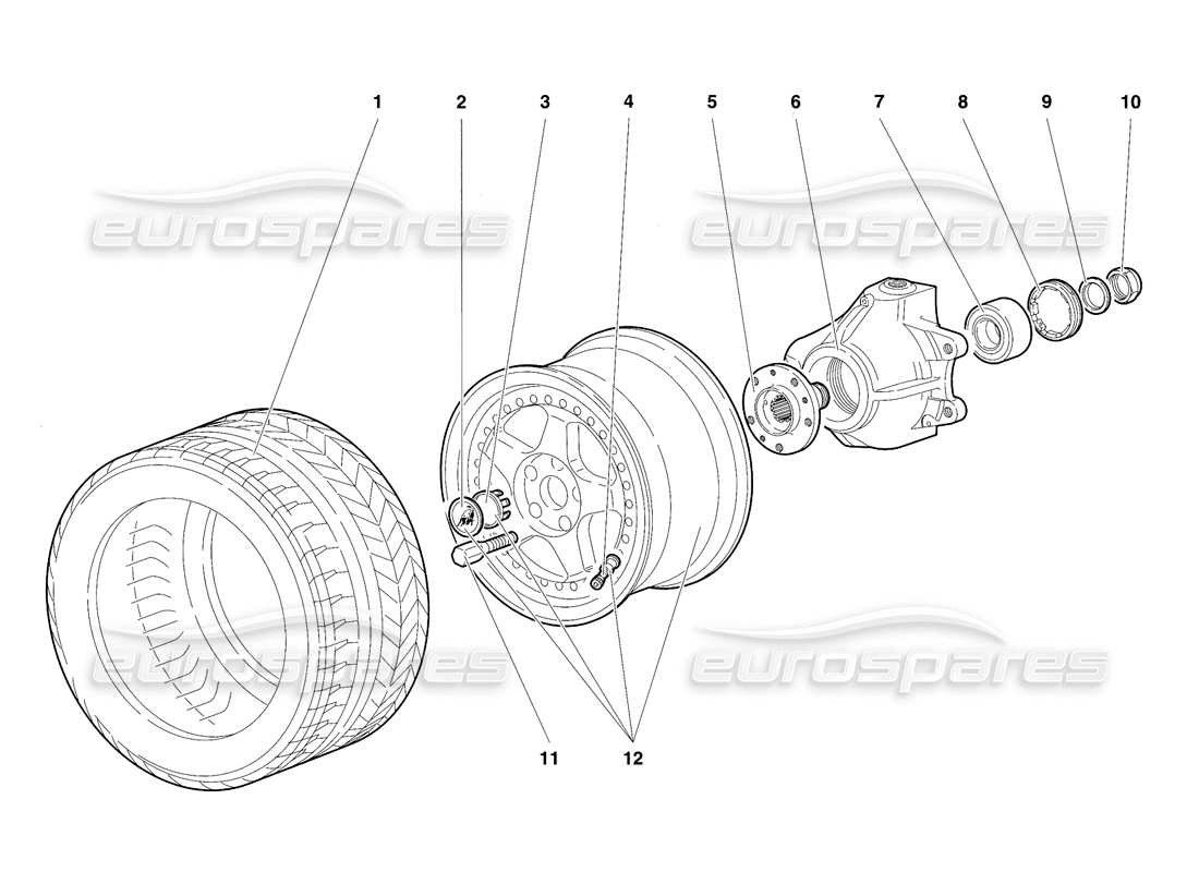 lamborghini diablo sv (1997) schema delle parti della ruota anteriore e del supporto del mozzo