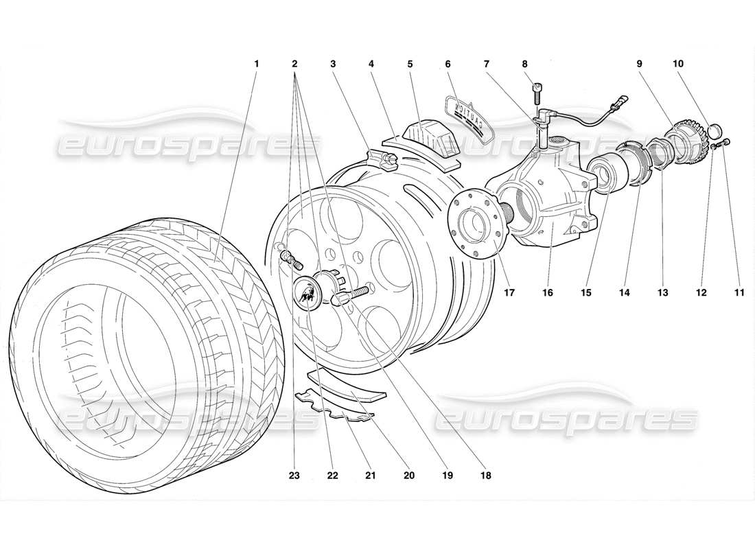 lamborghini diablo se30 (1995) schema delle parti della ruota anteriore e del supporto del mozzo