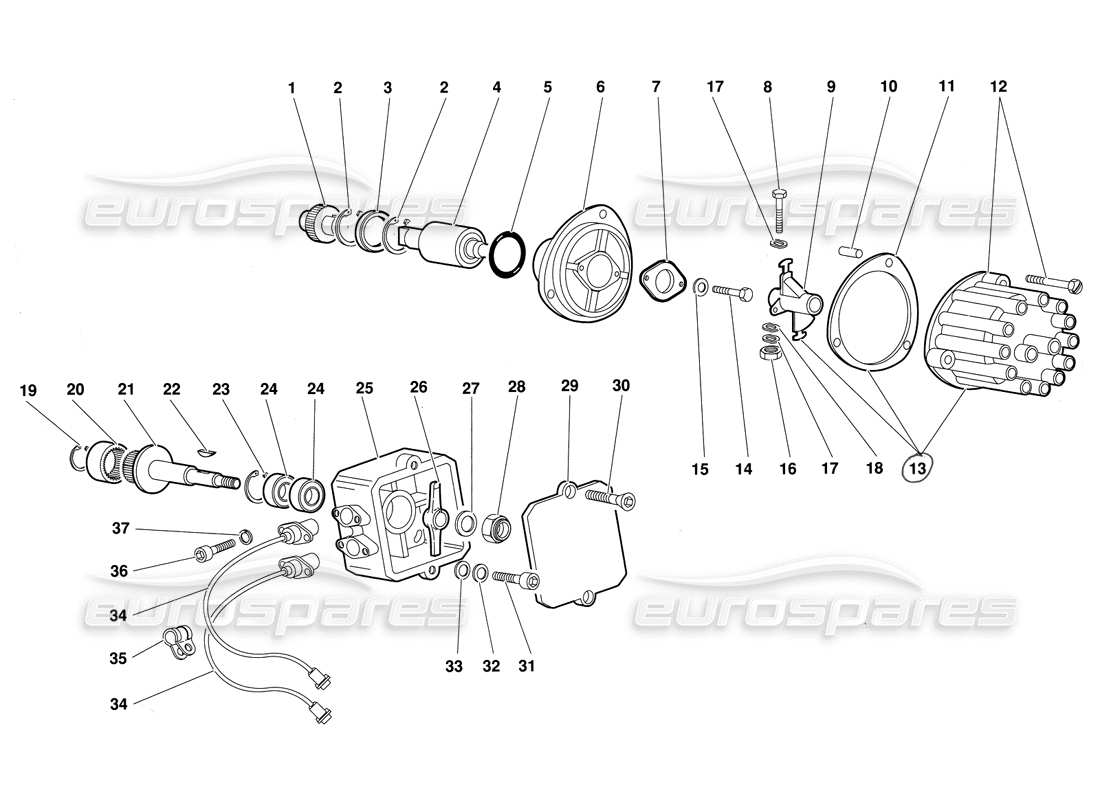 lamborghini diablo (1991) diagramma delle parti del distributore di accensione e dei sensori di fase