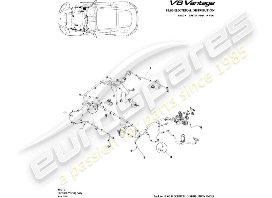 aston martin v8 vantage (2018) diagramma delle parti del cablaggio del vano motore