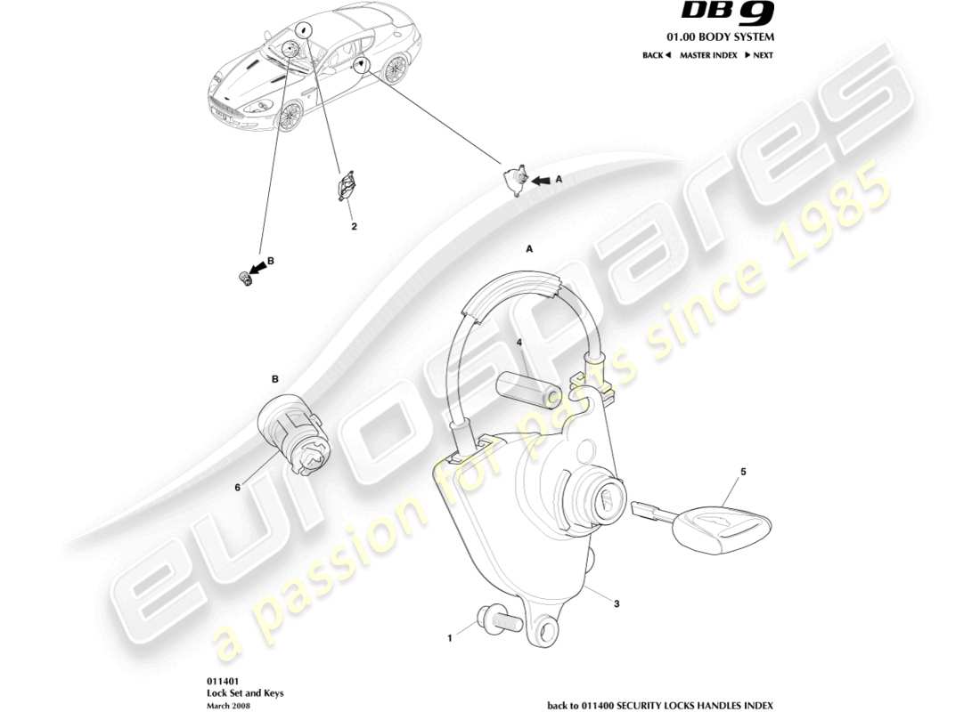 aston martin db9 (2004) set di serrature e chiavi diagramma delle parti