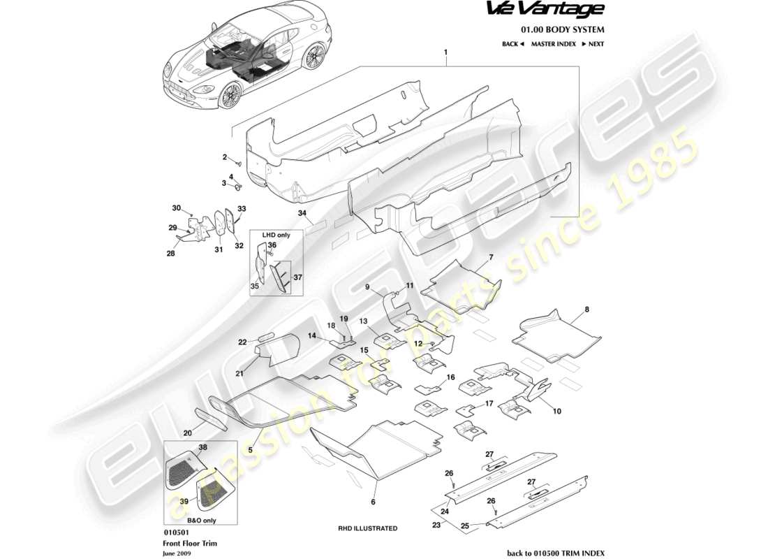 aston martin v12 vantage (2010) diagramma delle parti del rivestimento del pavimento