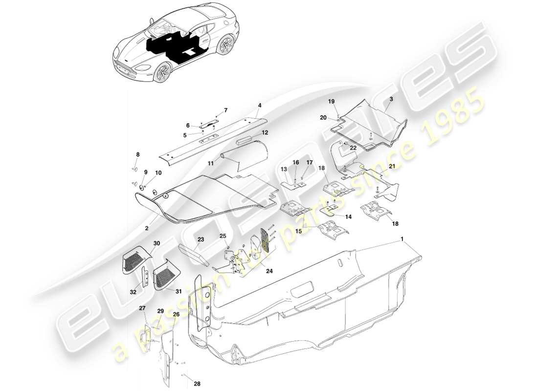 aston martin v8 vantage (2005) diagramma delle parti del rivestimento del pavimento