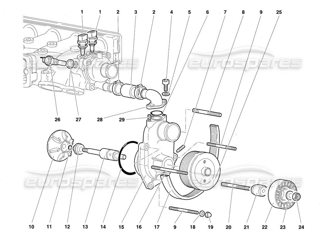 lamborghini diablo sv (1997) schema delle parti della pompa dell'acqua