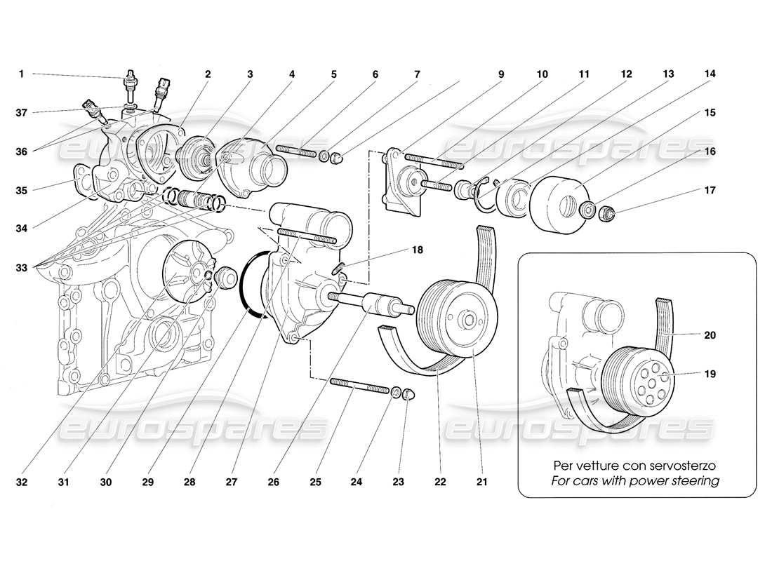 lamborghini diablo se30 (1995) diagramma delle parti del termostato e della pompa dell'acqua