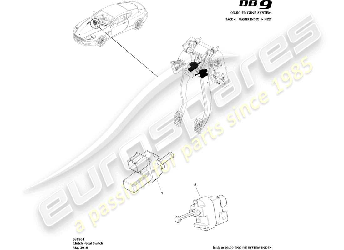 aston martin db9 (2005) diagramma delle parti dell'interruttore del pedale della frizione