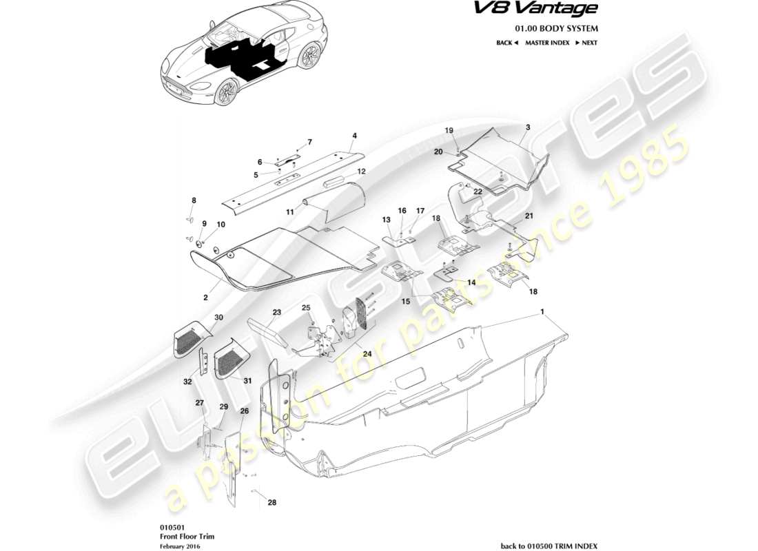 aston martin v8 vantage (2006) diagramma delle parti del rivestimento del pavimento