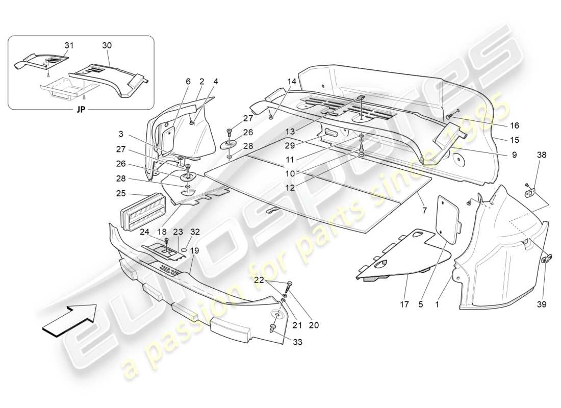 maserati granturismo s (2016) diagramma delle parti dei tappetini del vano bagagli