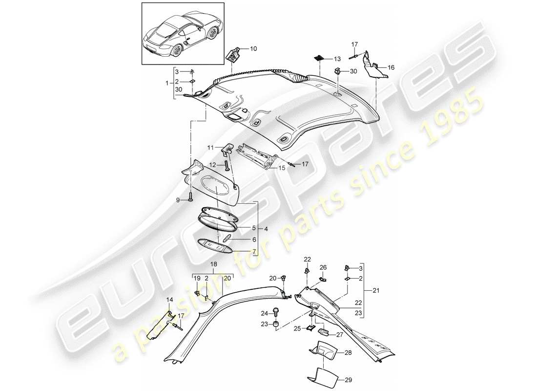 porsche 2008 (987 cayman) pannello di rivestimento del tetto schema delle parti