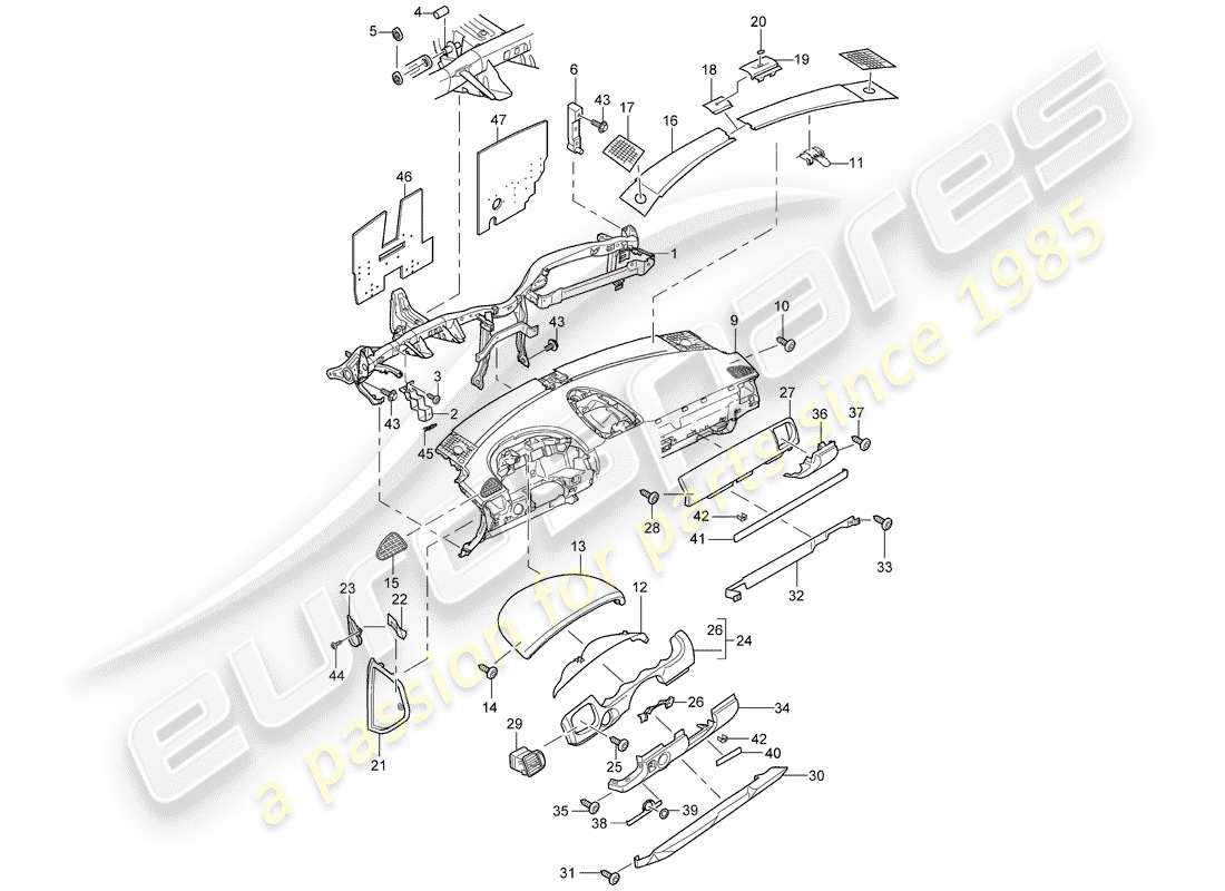 porsche 2008 (cayenne e1 9pa) rivestimento del pannello del cruscotto diagramma delle parti