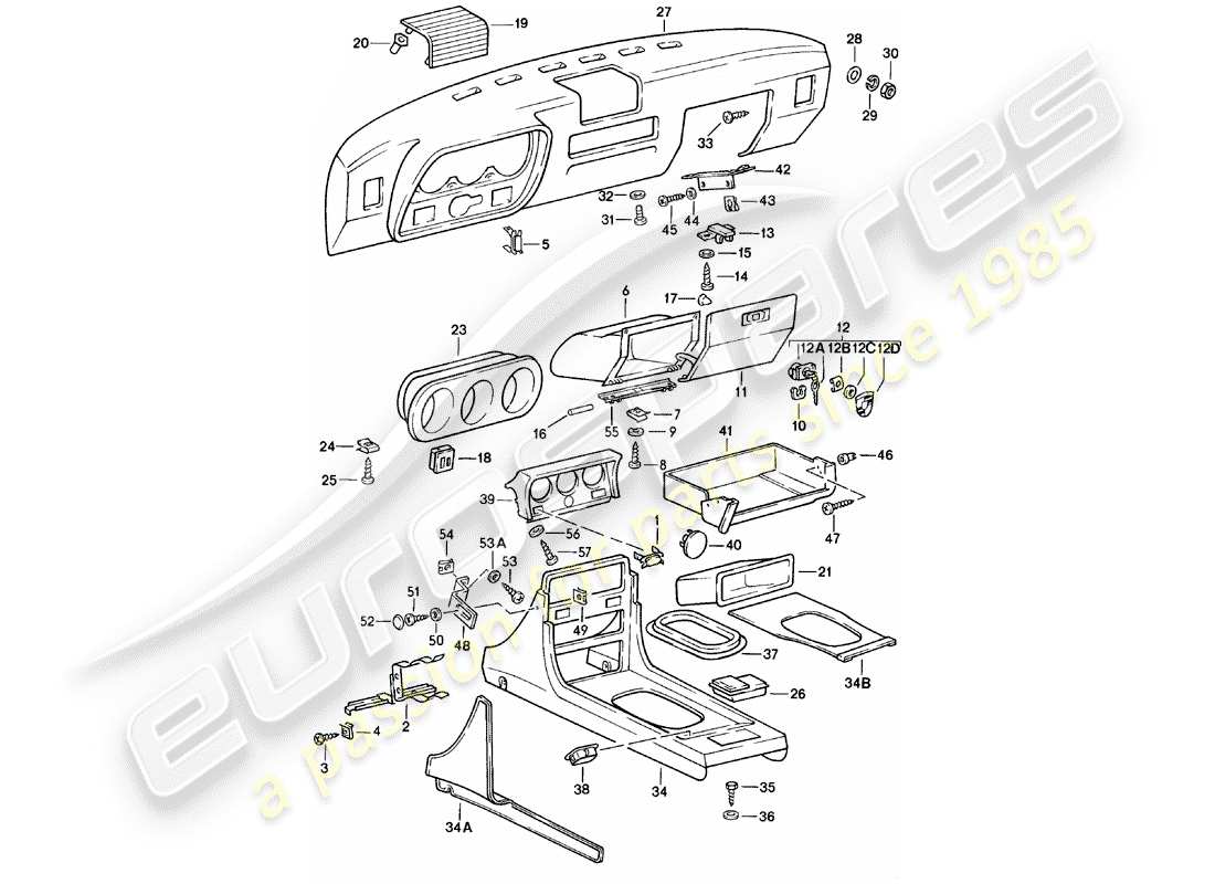porsche 1982 (924) cruscotto - console centrale diagramma delle parti