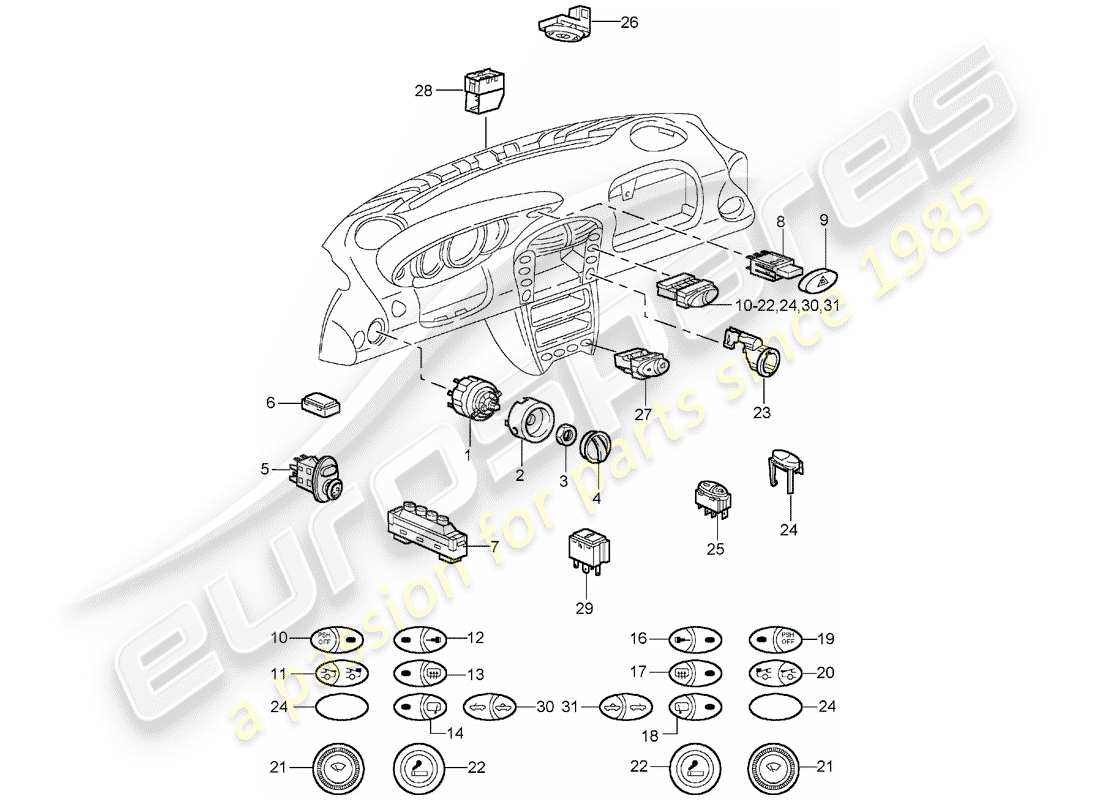 porsche 996 t/gt2 (2004) diagramma delle parti dell'interruttore