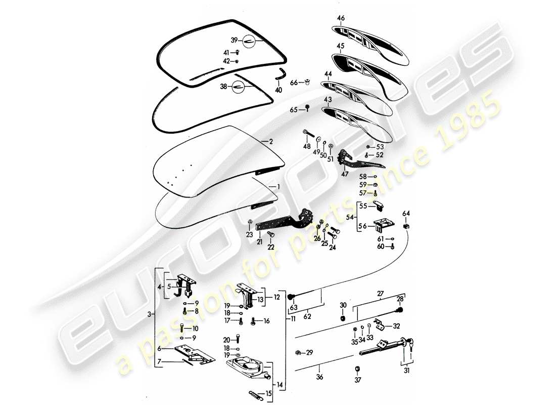 porsche 1963 (356b/356c) copertura - - e - con parti di installazione - da adattare utilizzare materiale da officina schema delle parti
