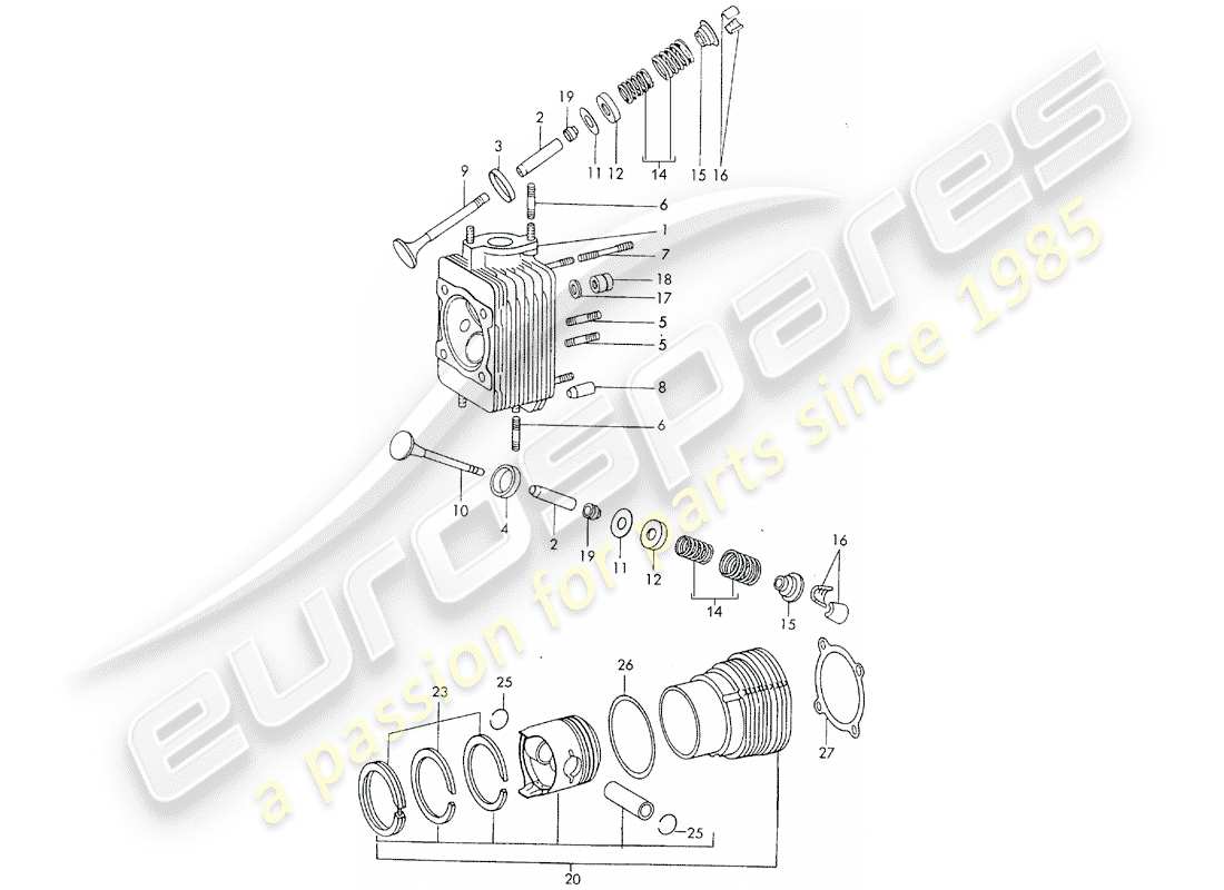 porsche 1973 (911) testata - cilindro con pistoni - d >> - mj 1971 schema delle parti