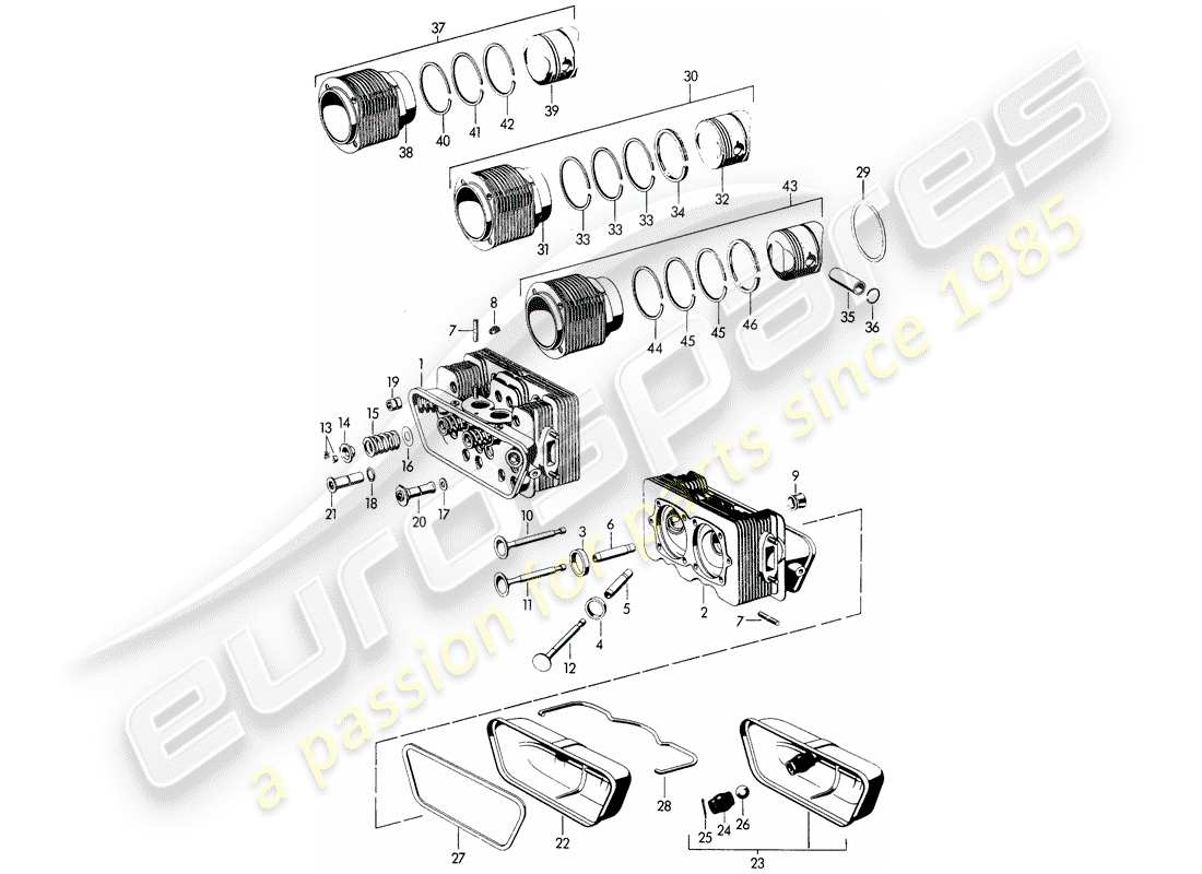 porsche 1962 (356b/356c) testa cilindro - cilindro con pistoni diagramma delle parti