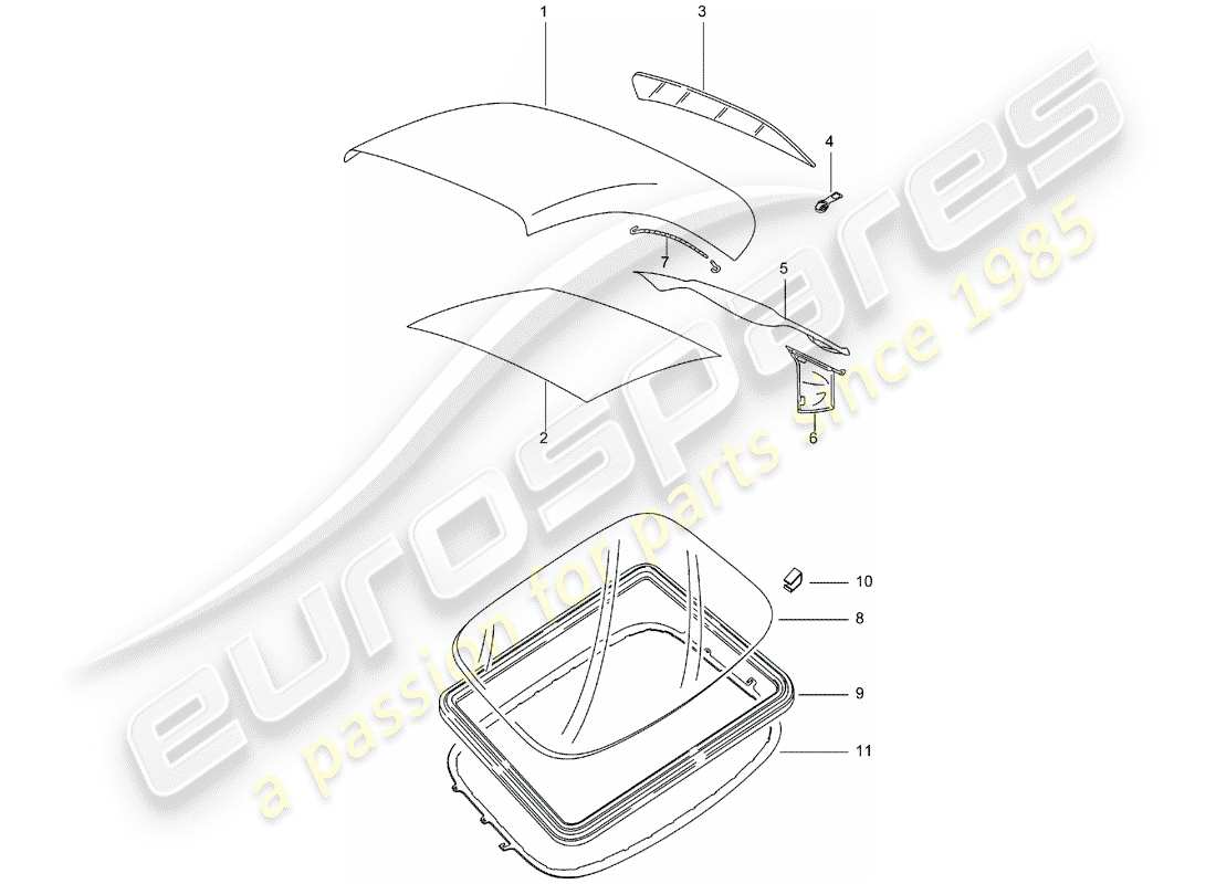 porsche 2001 (996) copertura capote trasformabile - pannello di rivestimento del tetto diagramma delle parti