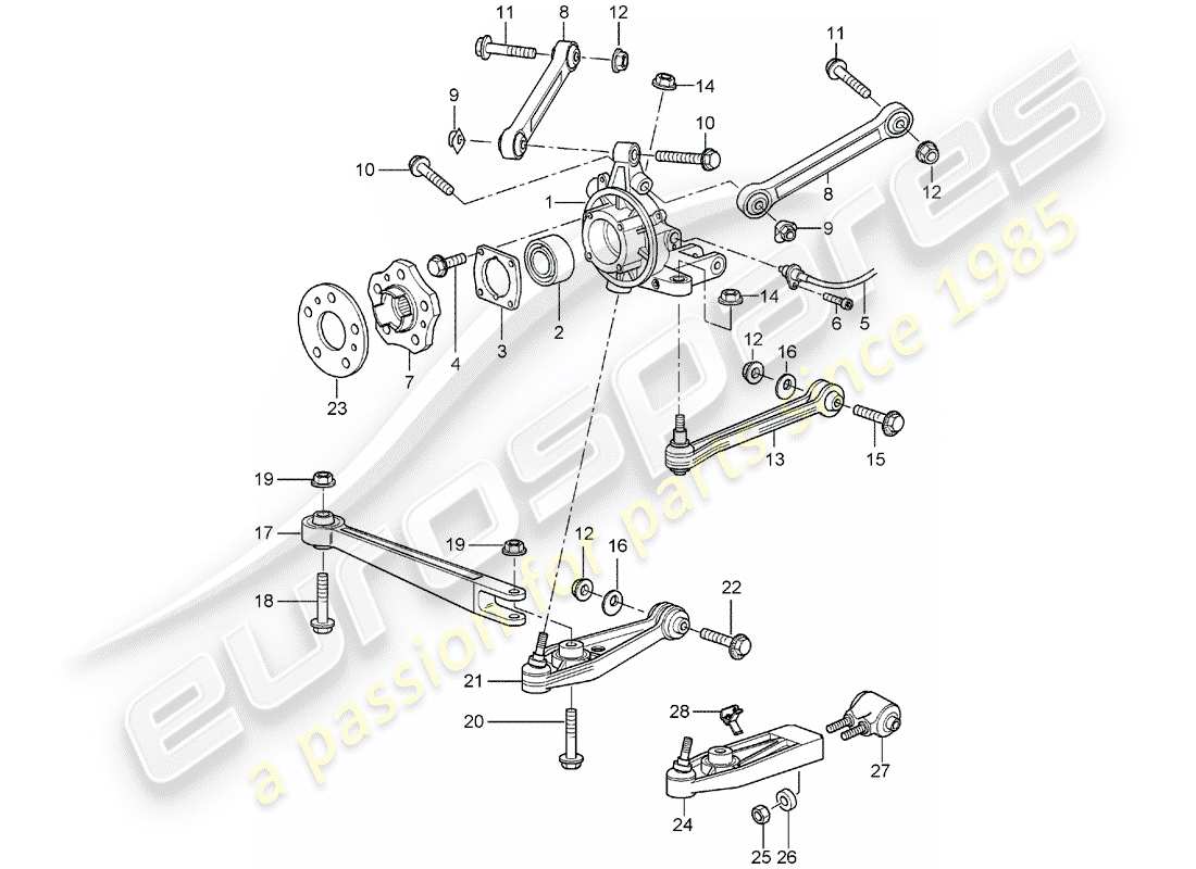 porsche 2001 (996 gt3) asse posteriore - portaruota - biella superiore - mozzo ruota schema parte