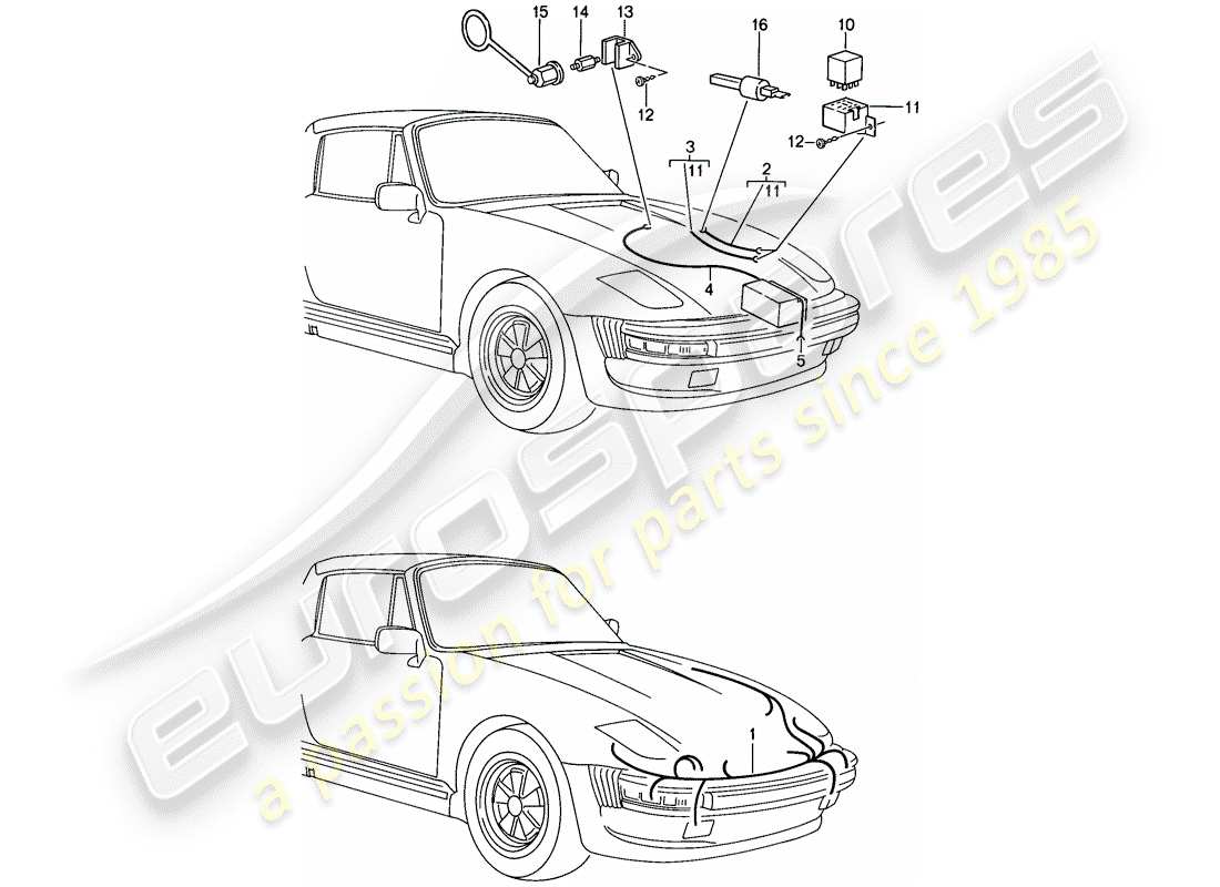 porsche 1987 (911) modello speciale - design a nase piatte - cablaggi - relè schema delle parti