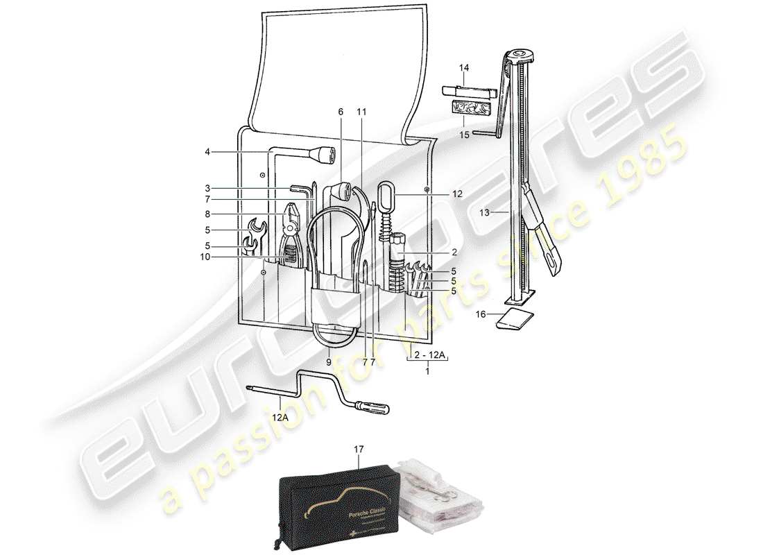 porsche 1989 (911) attrezzo - martinetto - kit di pronto soccorso diagramma delle parti
