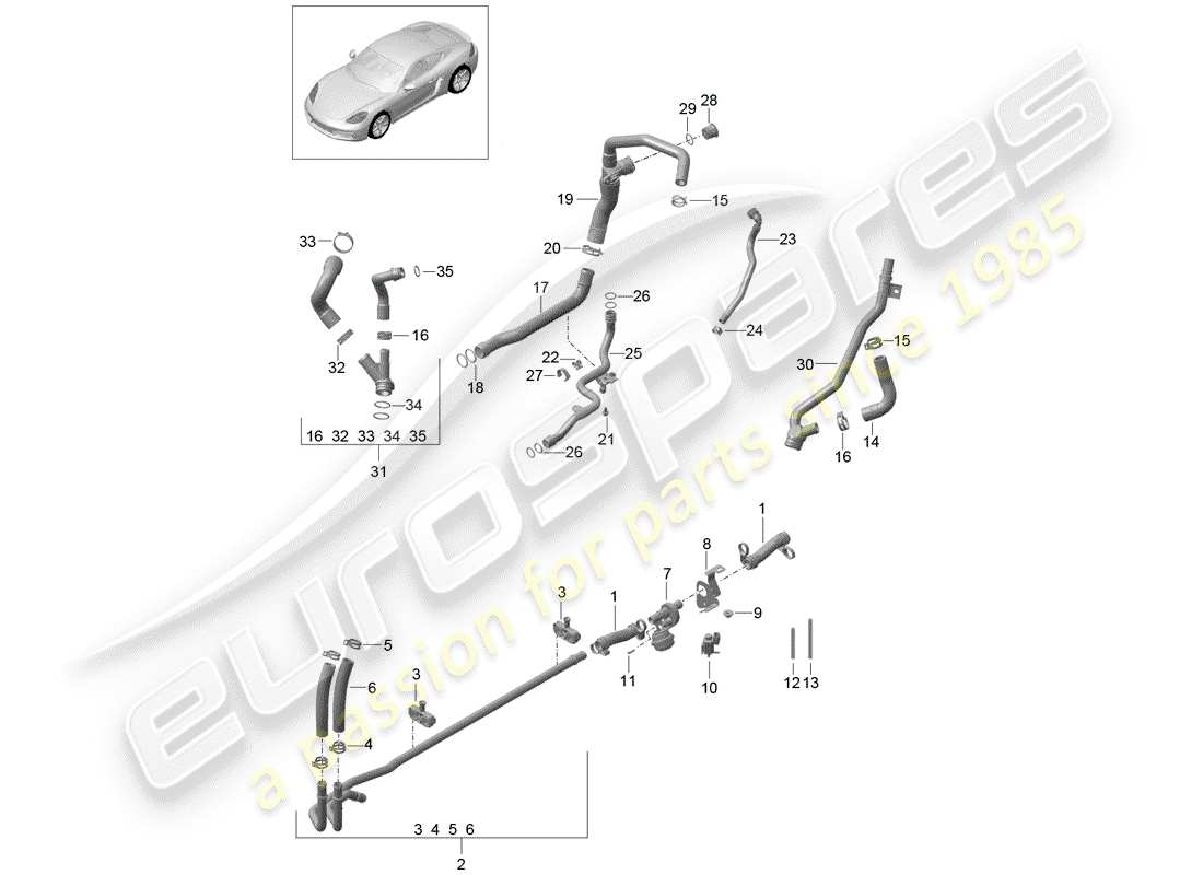 porsche 2020 (718 cayman) diagramma delle parti del raffreddamento ad acqua