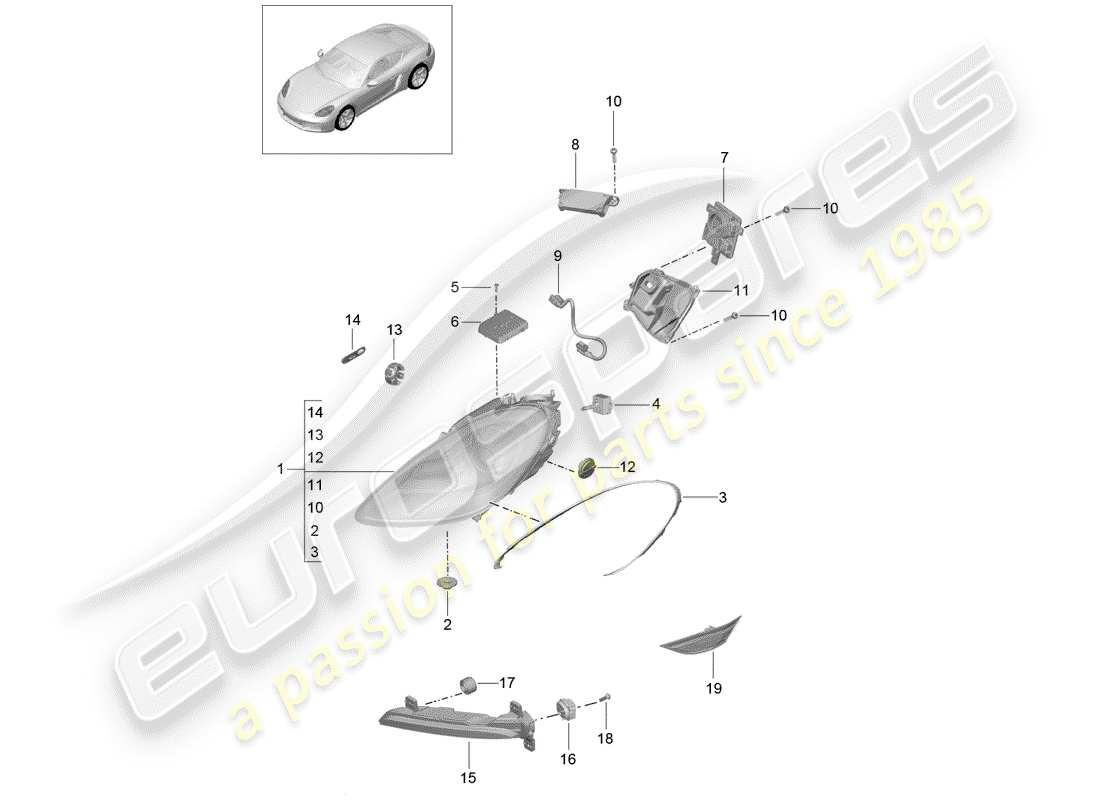 porsche 2020 (718 cayman) diagramma delle parti del faro