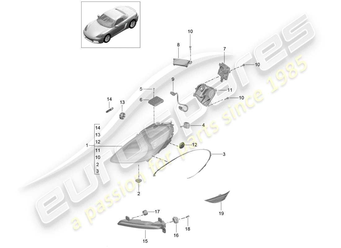 porsche 2020 (718 boxster) faro diagramma delle parti