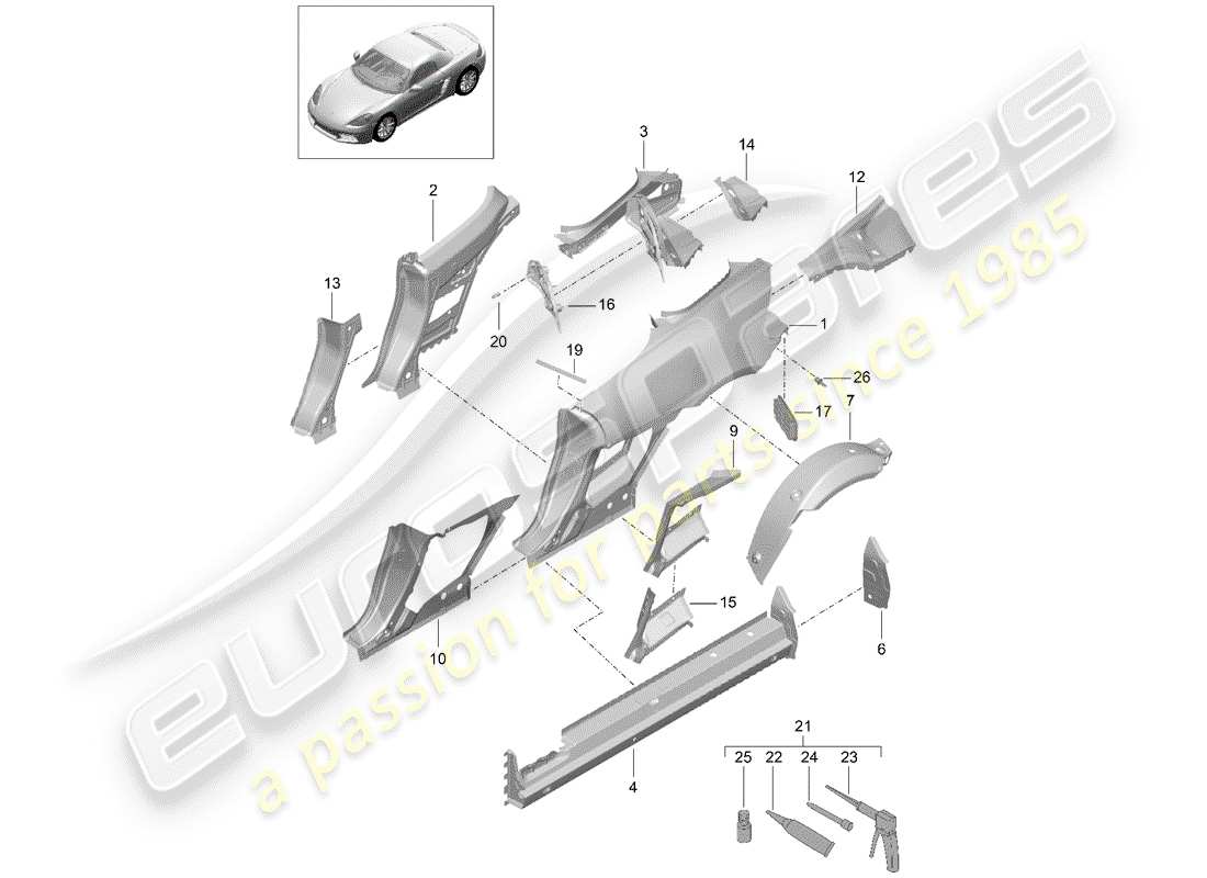 porsche 718 boxster (2020) pannello laterale schema delle parti