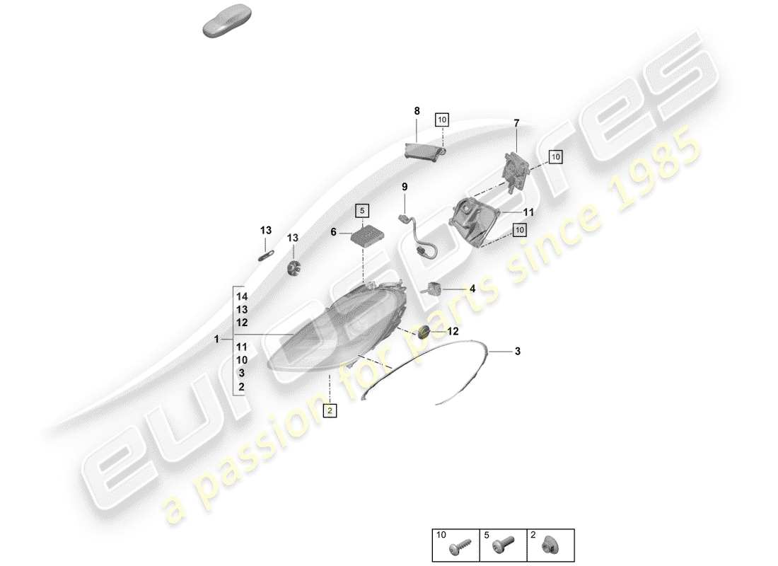 porsche 2019 (718 boxster spyder) diagramma delle parti del faro