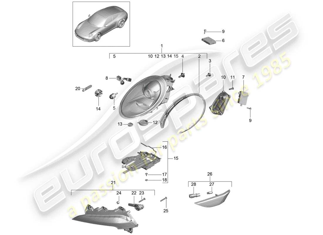 porsche 2013 (991-1) diagramma delle parti del faro
