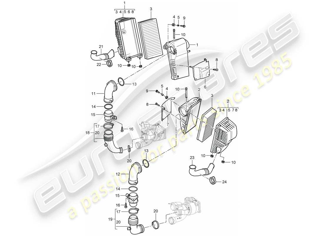 porsche 2010 (cayenne e1 9pa) sistema di depurazione dell'aria diagramma delle parti