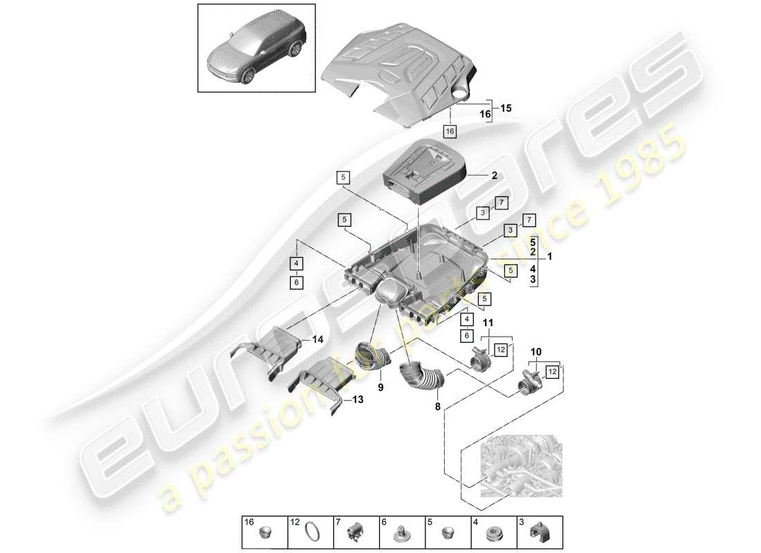 porsche 2020 (cayenne e3 9ya/9yb) filtro dell'aria con collegamento schema delle parti