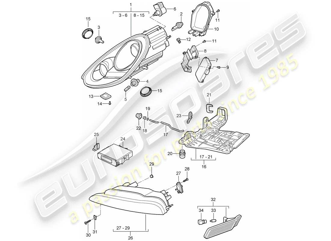 porsche 2009 (987 boxster) diagramma delle parti del faro