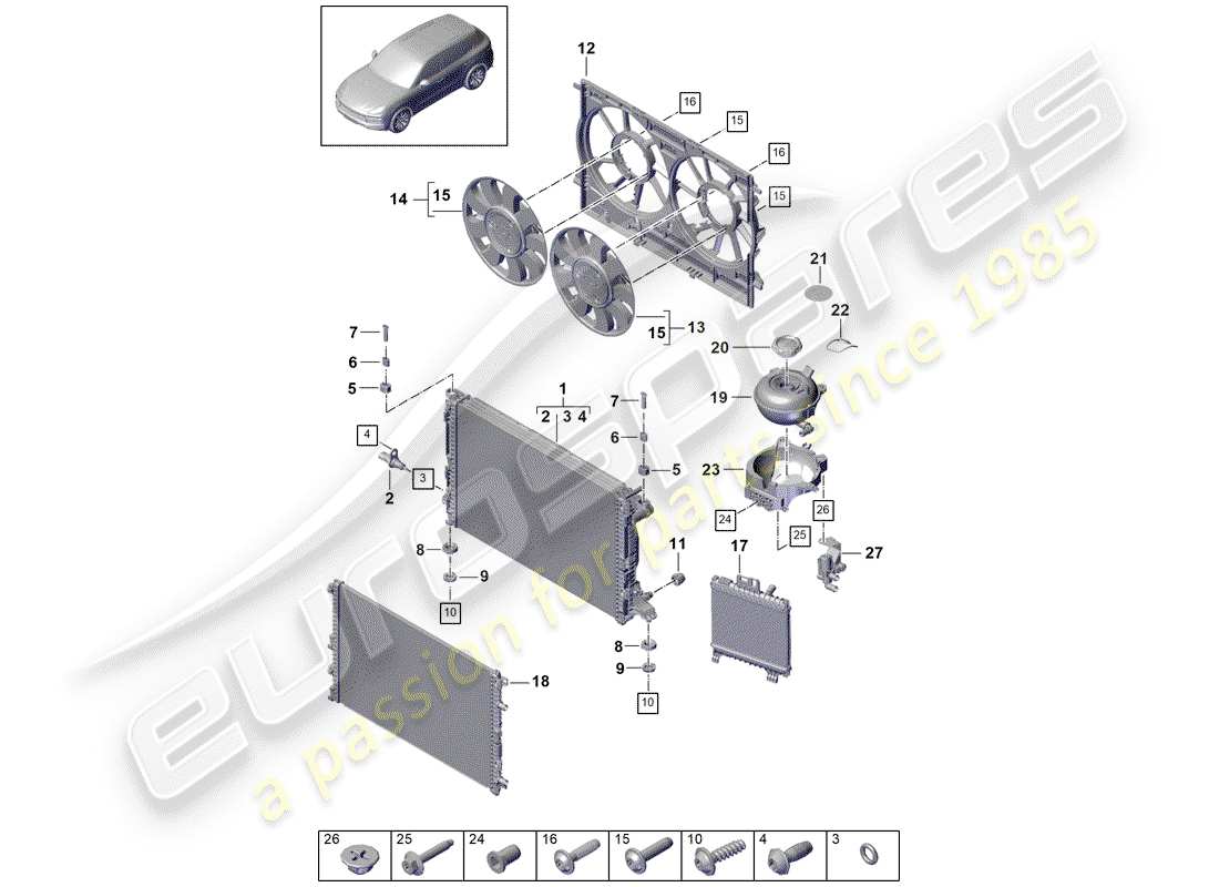 porsche 2020 (cayenne e3 9ya/9yb) diagramma delle parti del raffreddamento ad acqua
