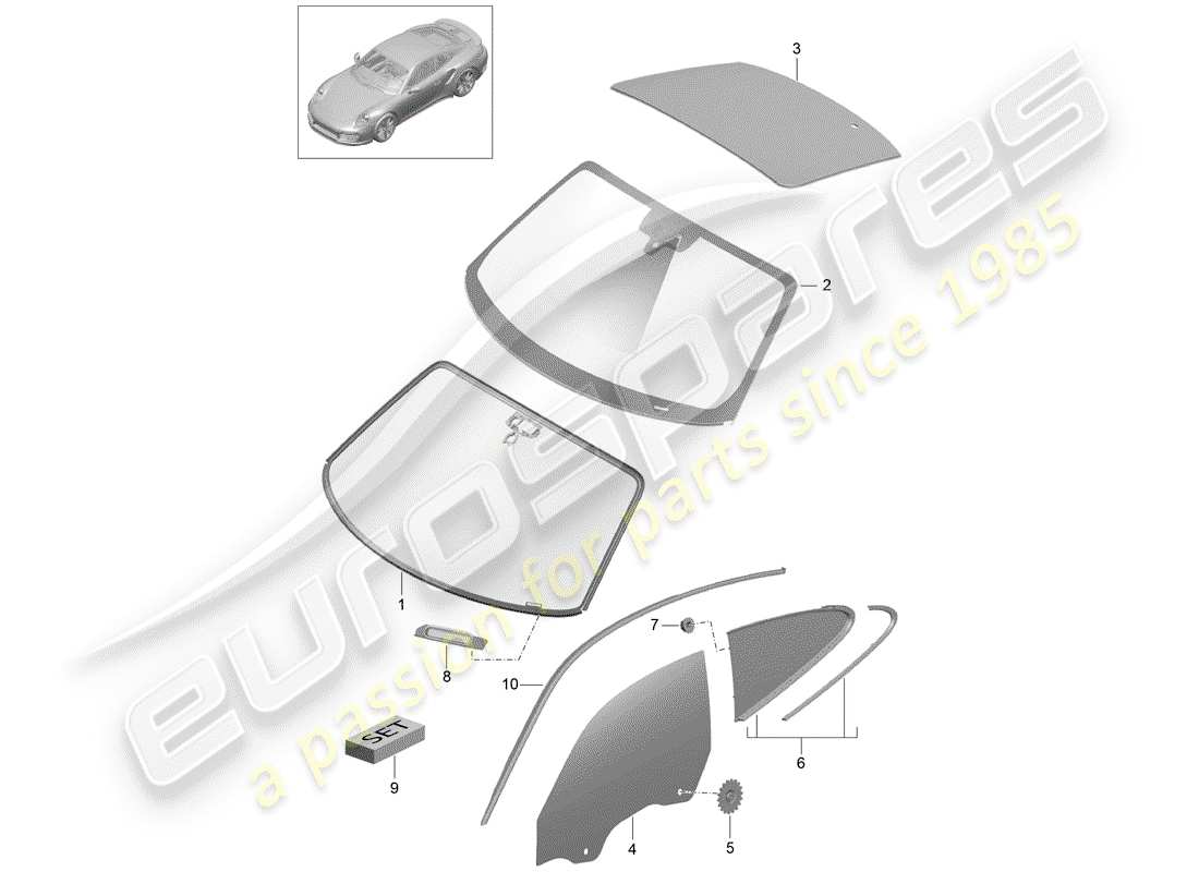 porsche 2015 (991-1 turbo) vetro del parabrezza diagramma delle parti