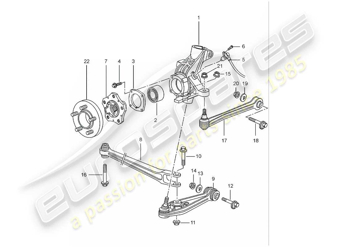 porsche 1997 (986 boxster) asse posteriore - portaruota - biella superiore - mozzo ruota schema parte