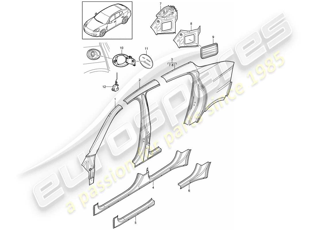 porsche 2011 (panamera 970) pannello laterale schema delle parti