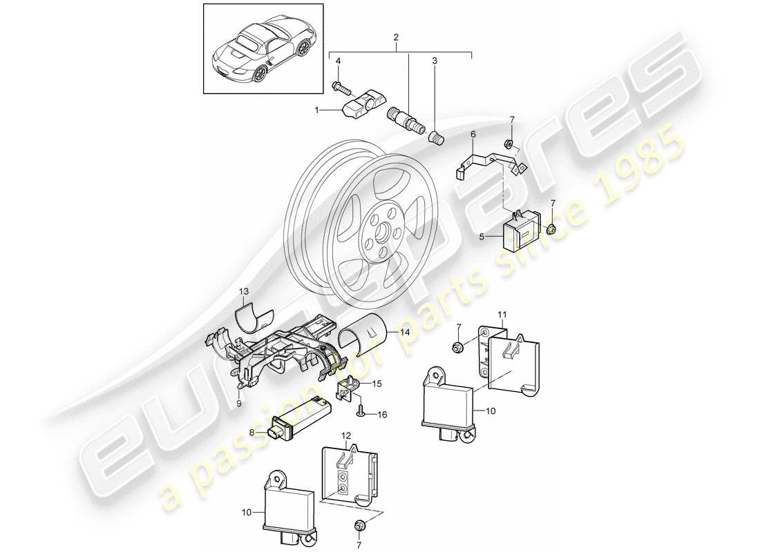porsche 2009 (987 boxster) schema delle parti del sistema di controllo della pressione dei pneumatici