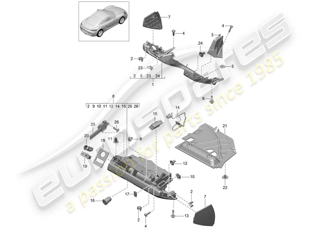 porsche 718 cayman (2020) diagramma delle parti del vano portaoggetti