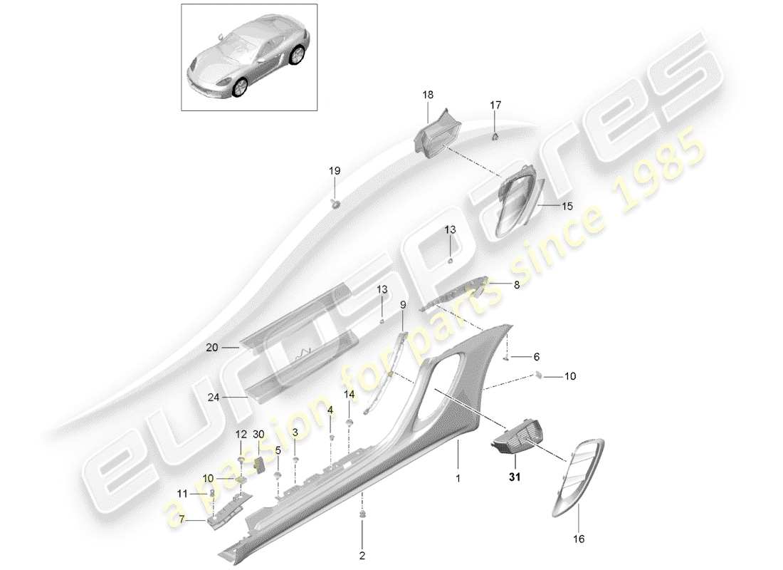 porsche 2020 (718 cayman) rivestimento lato lato schema delle parti