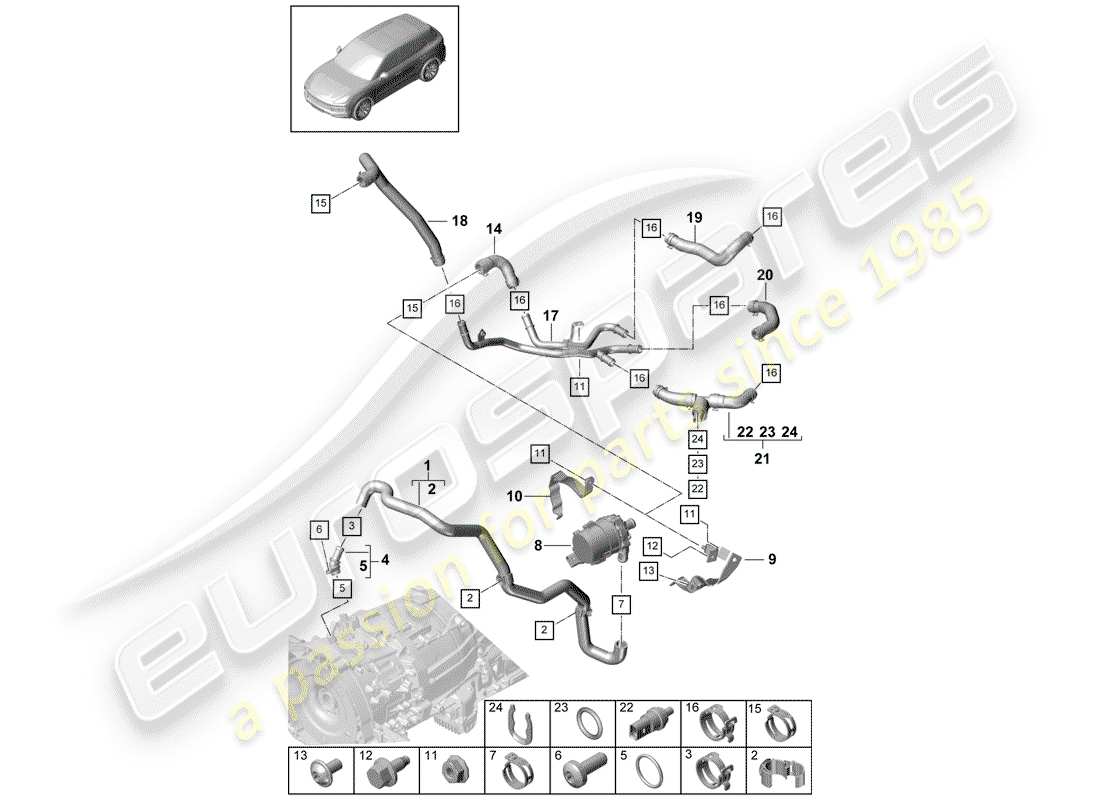 porsche 2020 (cayenne e3 9ya/9yb) diagramma delle parti del raffreddamento ad acqua