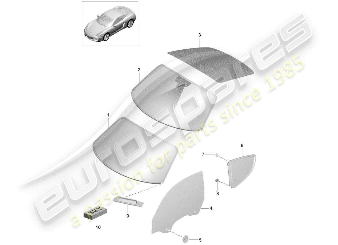 porsche 2014 (981 cayman) vetri della finestra diagramma delle parti