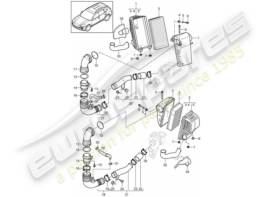 porsche 2017 (cayenne e2 92a) filtro dell'aria con collegamento diagramma delle parti