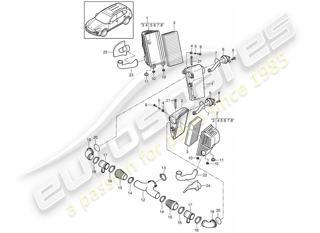 porsche 2011 (cayenne e2 92a) filtro dell'aria con collegamento diagramma delle parti