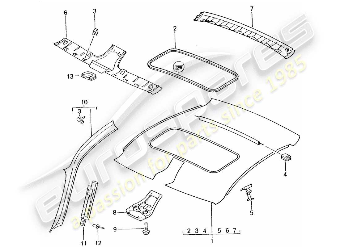 porsche 2002 (996 turbo / gt2) pannello di rivestimento del tetto diagramma delle parti